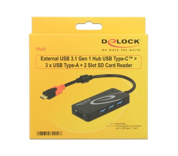HUB Adapter USB / A / C Multi USB-HUBUSB3.1 TypC - 3x TypA +2x Slot SD Black - Delock