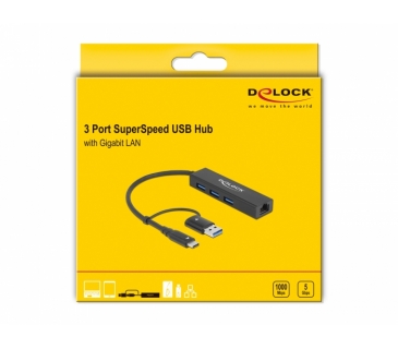 HUB Adapter USB / A / C Multi DELOCK 3 Port USB 3.2Gen1 Hub Gigabit LAN USB Typ-C o. Typ-A