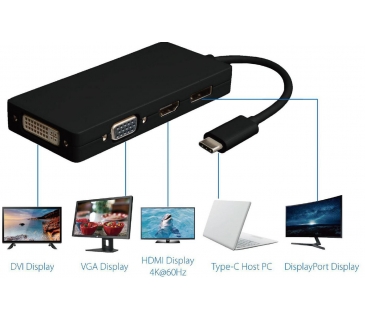 HUB Adapter USB / A / C Multi USB-C to DP / HDMI v1.4 / DVI-D 24+1 / VGA, Black Supports 3840x2160P/ 60HZ
