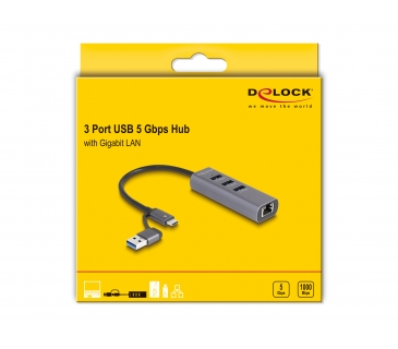 HUB Adapter USB / A / C Multi DELOCK 3 Port USB 5 Gbps Hub + Gigabit LAN with USB Type-C